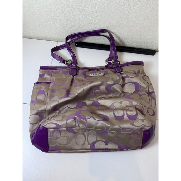 Y2K Coach Signature Tote Bag Women Purple Tan Monogram Patent Trim Aesthetic - Picture 3 of 12